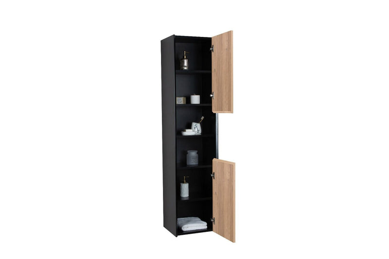 Evos Boutiques 16 in high gloss black and oak side cabinet unit open doors