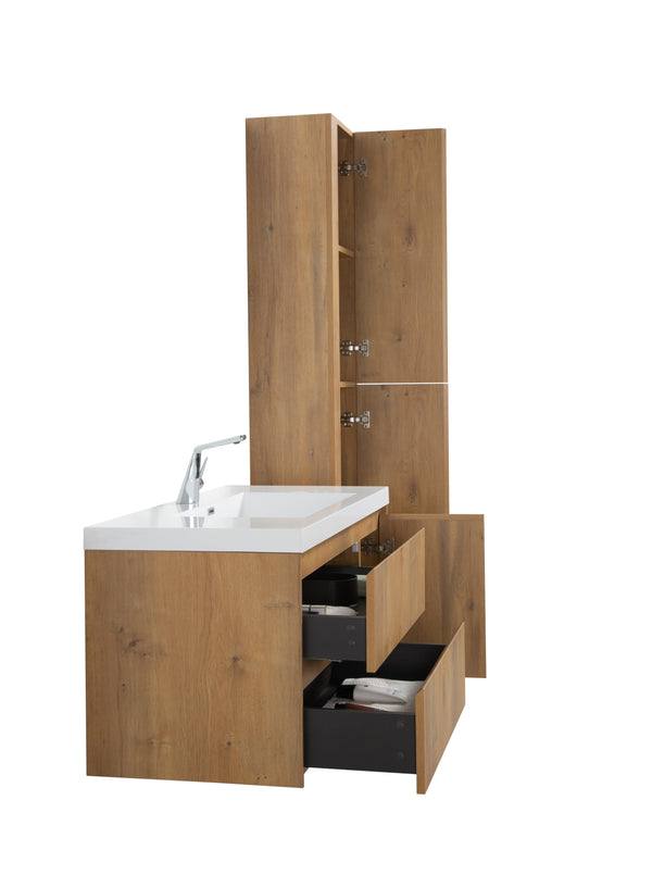 Evos Boutiques 42 oak finish with marble countertopside view drawers open
