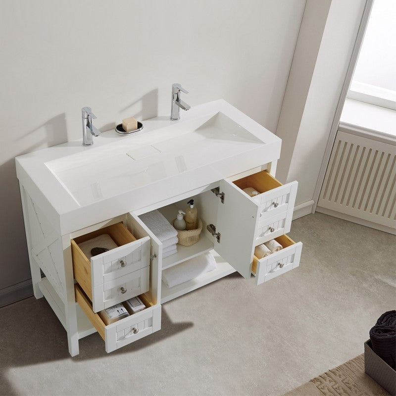 Evos Boutiques 48 in large white sink with 2 faucets looking down doors open