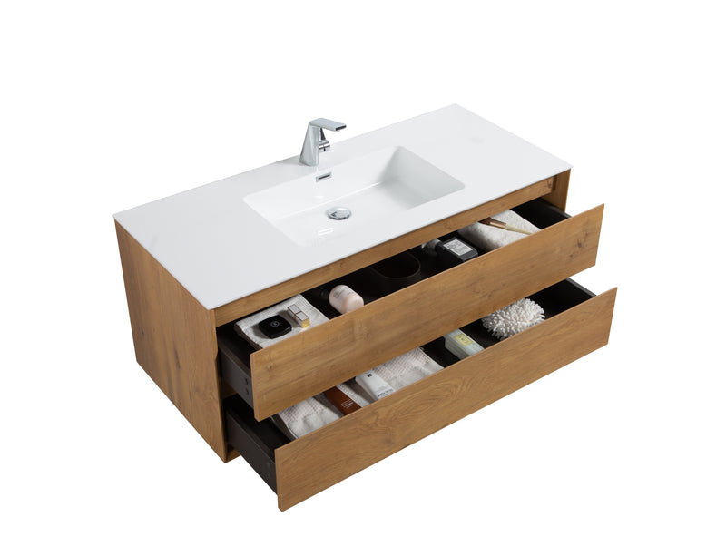 Evos Boutiques 48 in oak bathroom vanity drawers open