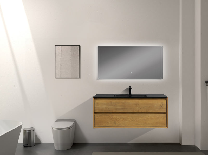 Evos Boutiques 48 in oak bathroom vanity drawers open black 