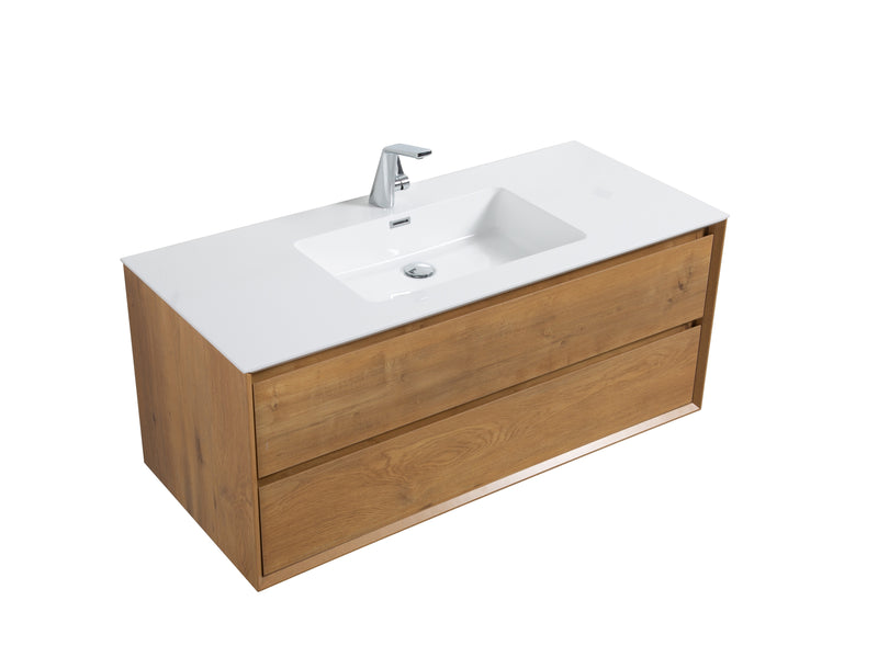 Evos Boutiques 48 in oak bathroom vanity drawers open no background