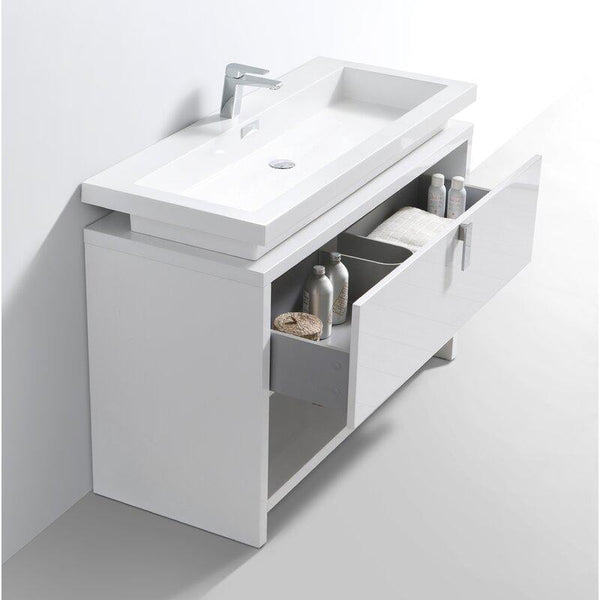 Evos Boutiques 48 in white finish bathroom vanity drawer open