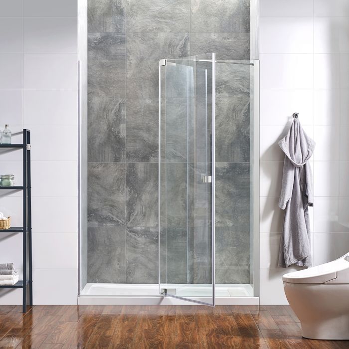Evos Boutiques 60 in chrome pivot glass shower door door open