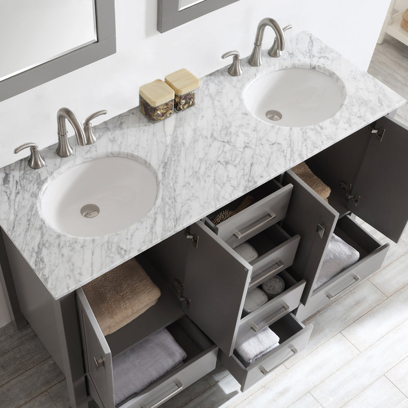 Evos Boutiques 60 in double sink stone grey vanity all drawers open