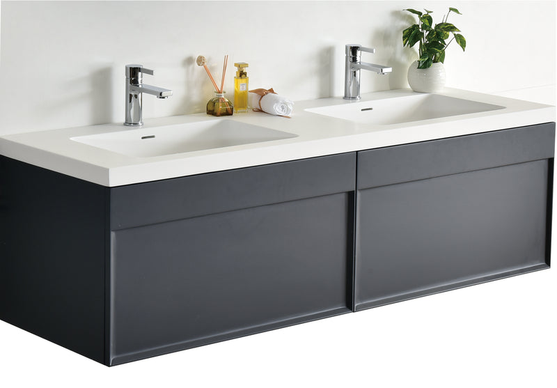 Evos Boutiques 60 in modern grey double sink vanity side view