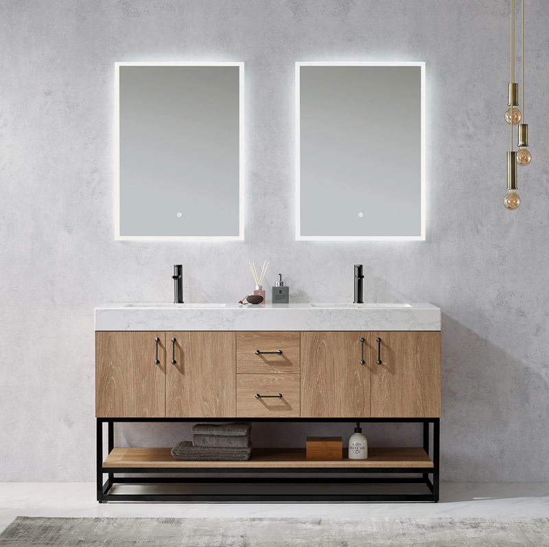 Evos Boutiques 60 in oak double sink bathroom vanity front view