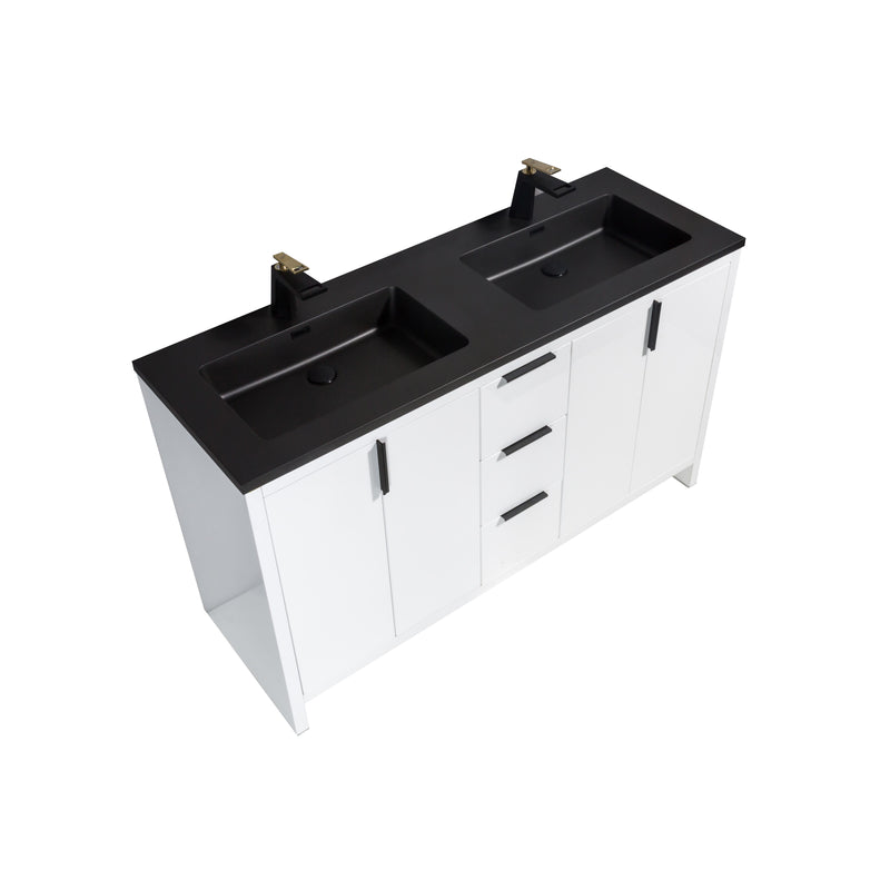 Evos Boutiques 60 in white double sink bathroom vanity looking down