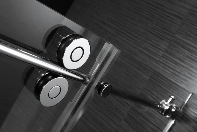 Evos Boutiques 84 in chrome shower door with magnetic kit close up 