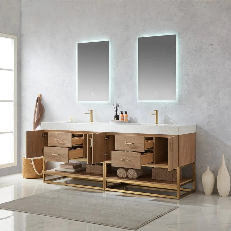 Evos Boutiques 84 in oak double sink bathroom vanity side view drawers open