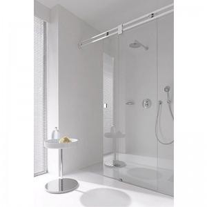 Evos Boutiques chrome shower door and base sizes vary door open