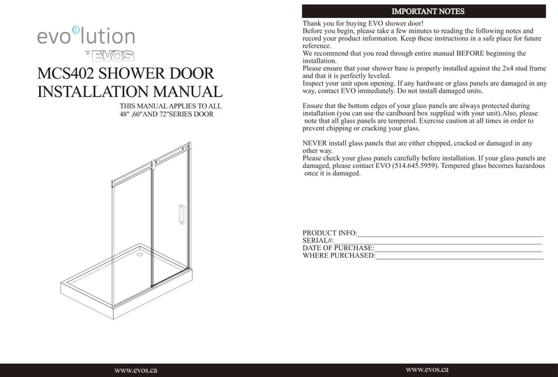 Evos Boutiques chrome shower door and base sizes vary manuals 5