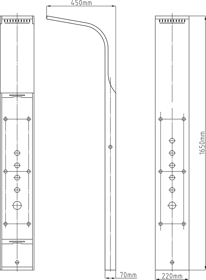 Evos Boutiques stainless shower column 8.7 x 18 x 63 in diagram