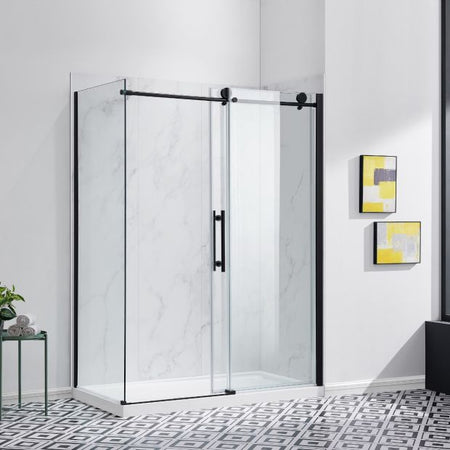 Black framed Evos Boutiques Glass Shower with acrylic base