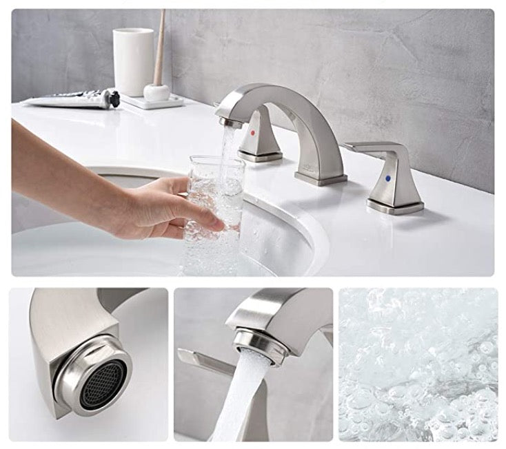 Evos Boutique chrome 3-hole bathroom faucet running water