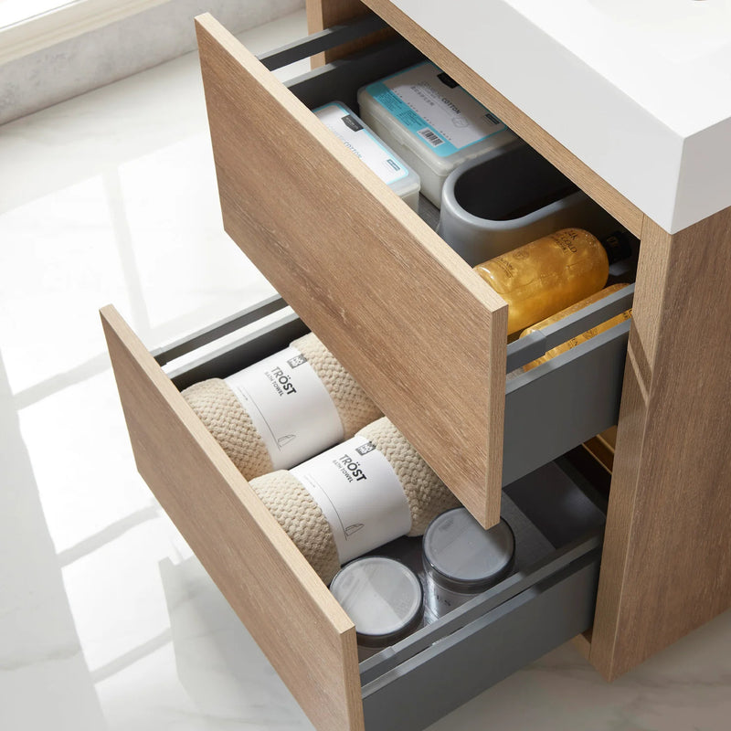 Evos Boutiques 24 in oak sleek simple vanity drawer open