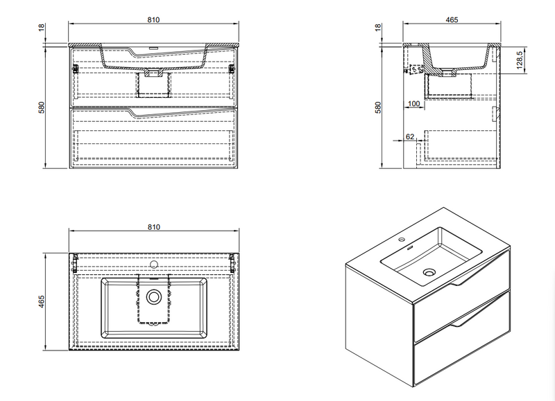Evos Boutiques 32 in wall-mounted white vanity diagram