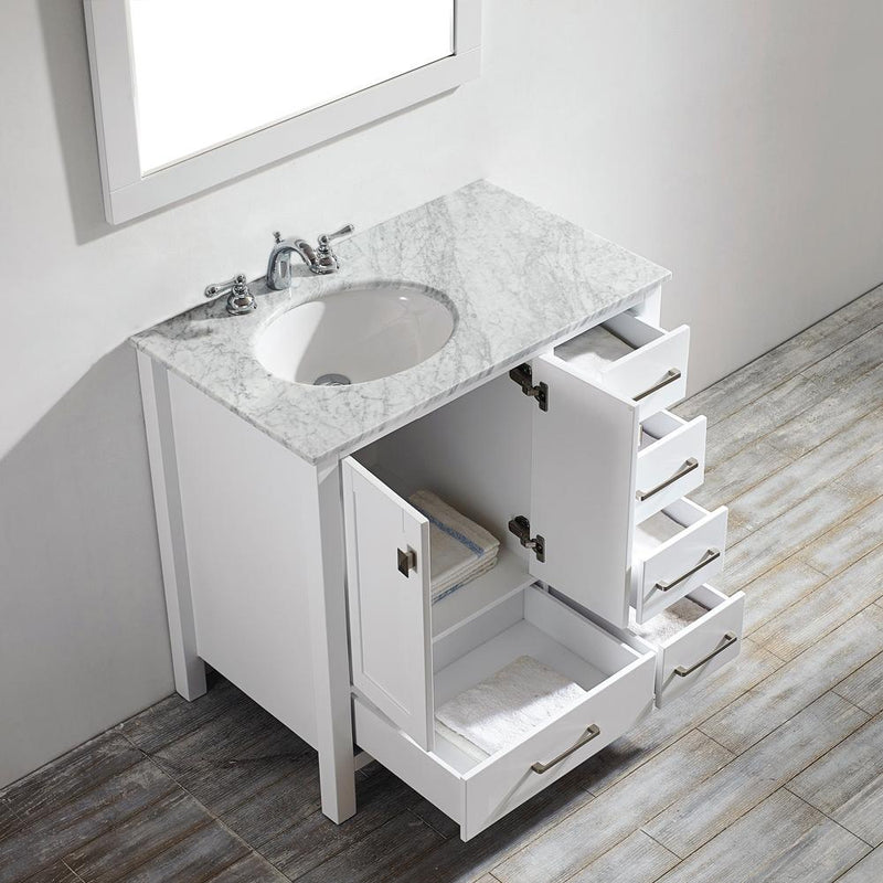 Evos Boutiques 36 in pure white vanity drawer open