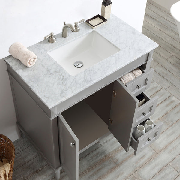 Evos Boutiques 36 in stone grey vanity drawers open