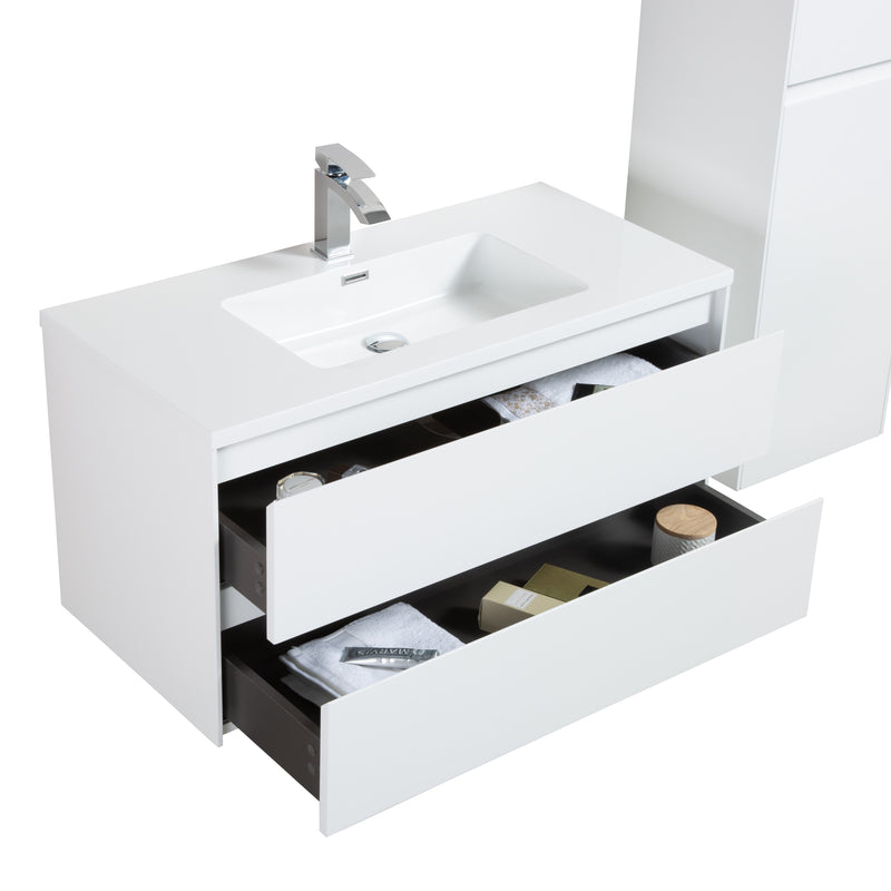 Evos Boutiques 36 in white Marble countertop vanity  drawers open