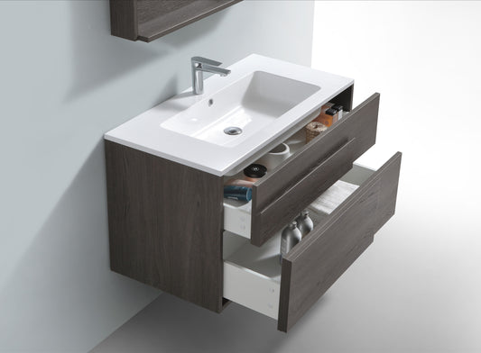 Evos Boutiques 40 in glossy white polymarble countertop in wall-mounted vanity close up doors open