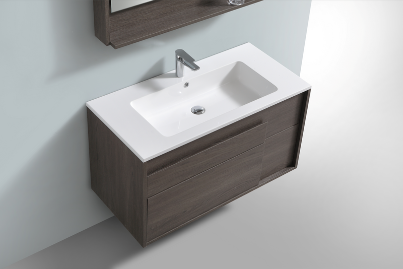 Evos Boutiques 40 in glossy white polymarble countertop in wall-mounted white vanity looking down
