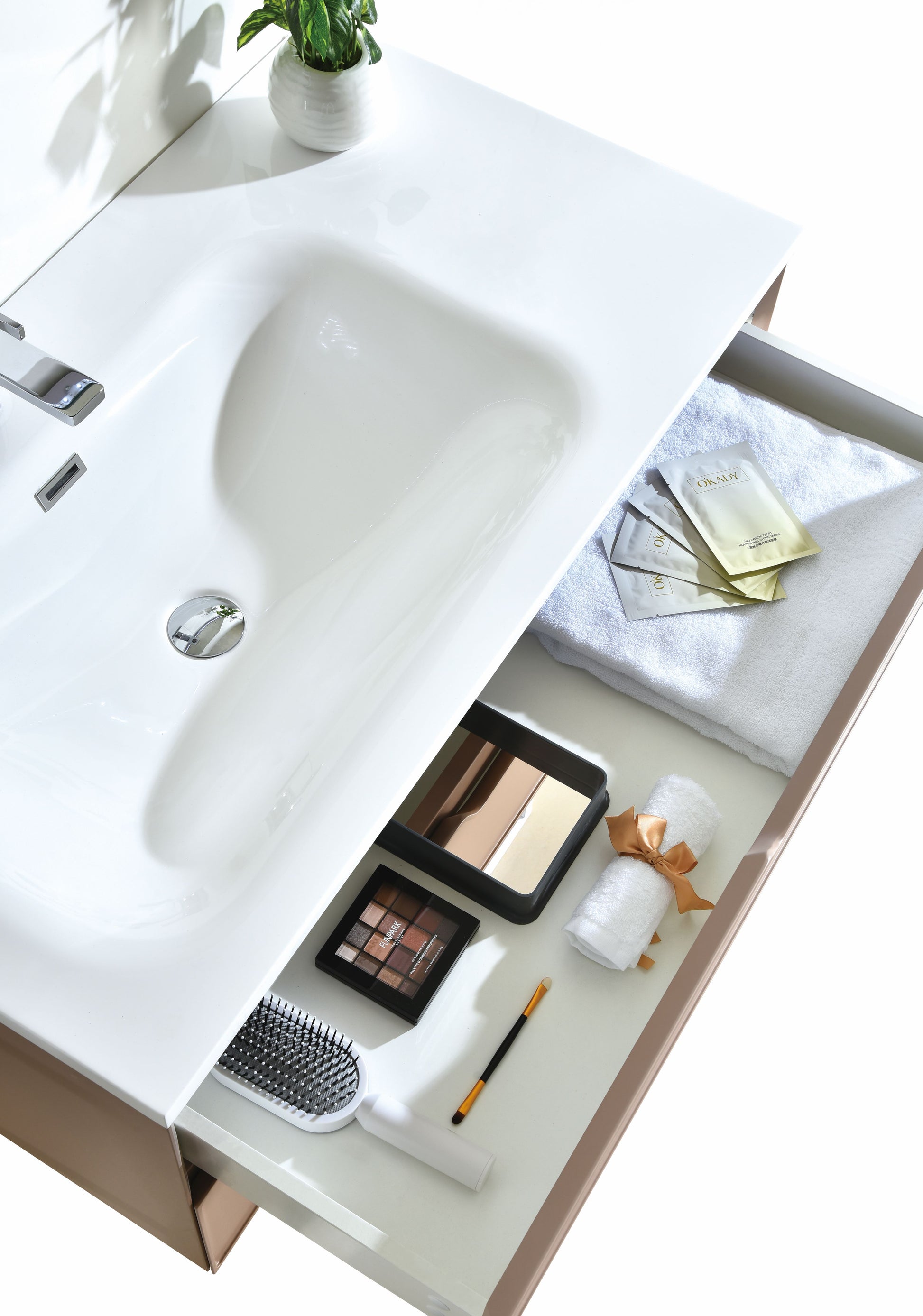 Evos Boutiques 40 in suspended vanity looking down drawers open