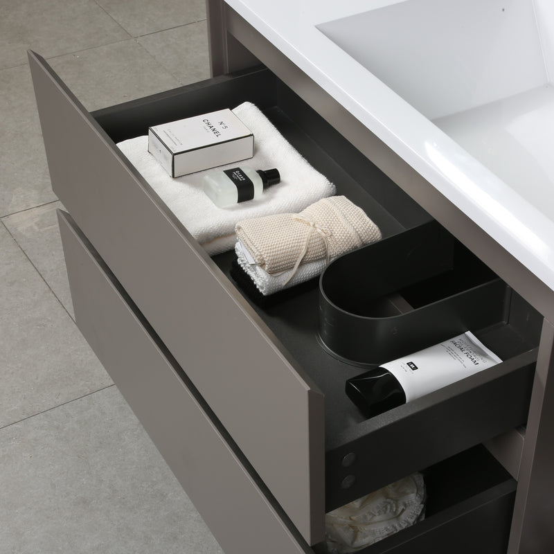  Evos Boutiques 42 high charcoal grey vanity looking down drawers open
