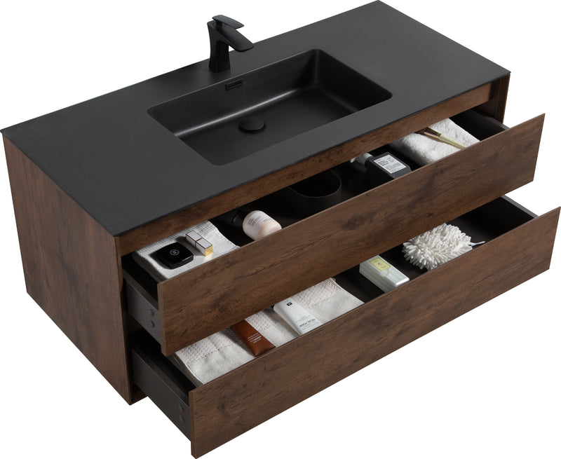 Evos Boutiques 48 in dark oak bathroom vanity black countertop drawer open side view