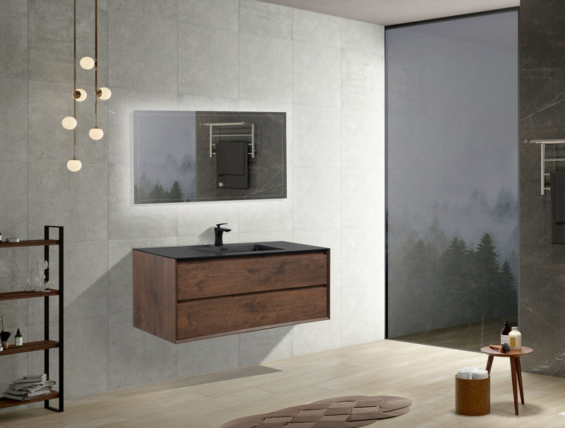 Evos Boutiques 48 in dark oak bathroom vanity black countertop side view