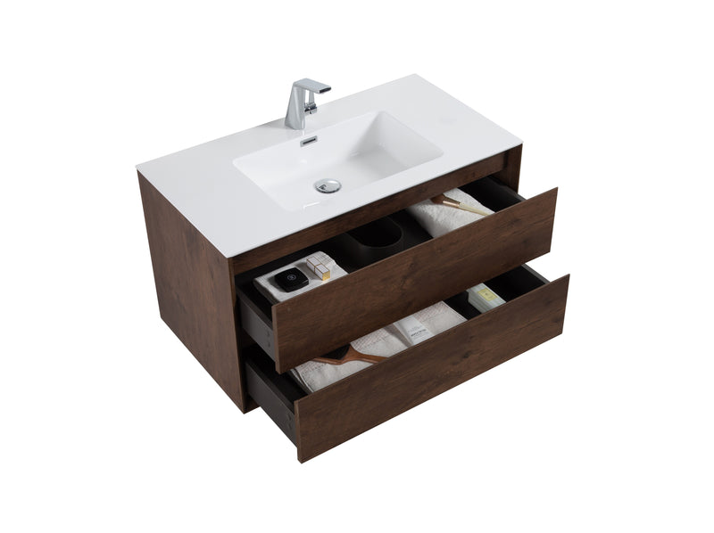 Evos Boutiques 48 in dark oak bathroom vanity drawers open