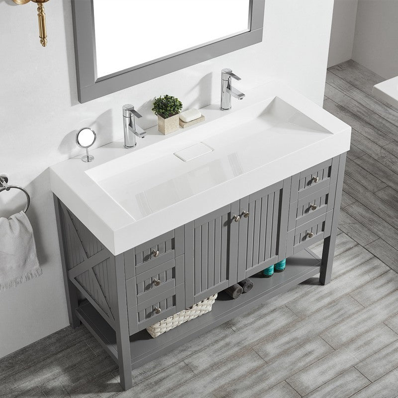 Evos Boutiques 48 in large grey sink with 2 faucets looking down