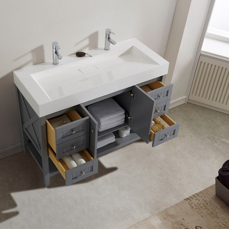 Evos Boutiques 48 in large grey sink with 2 faucets looking down doors open