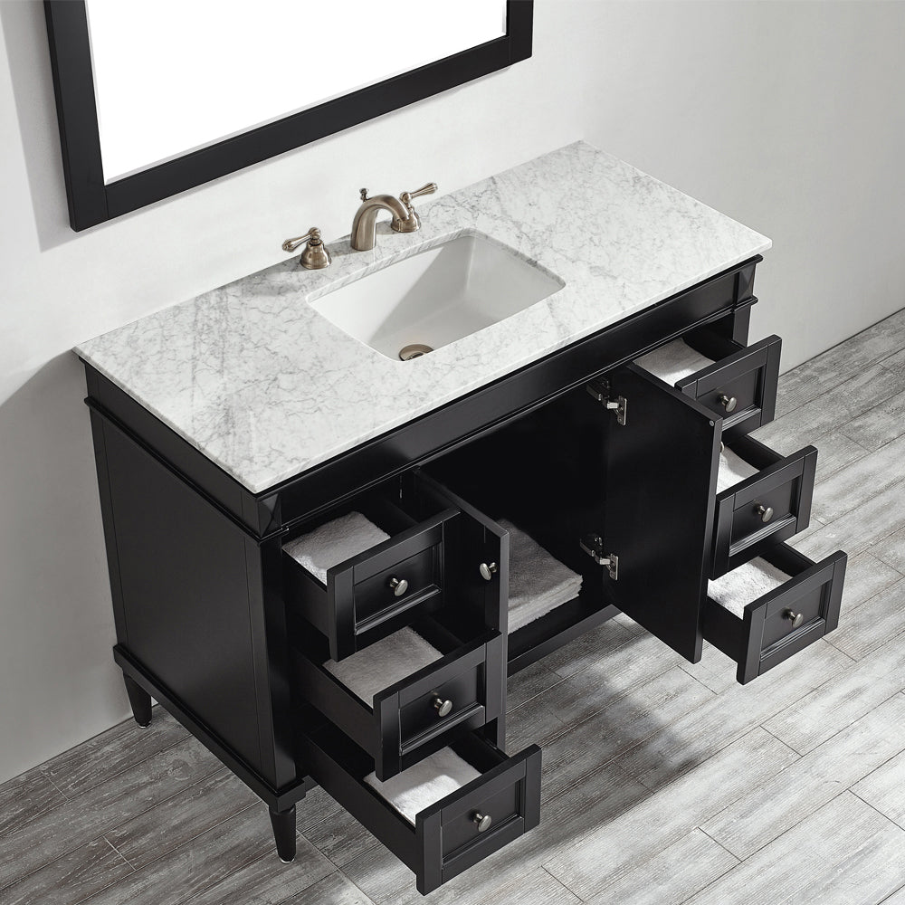 Evos Boutiques 48 in laval vanity looking down drawers open
