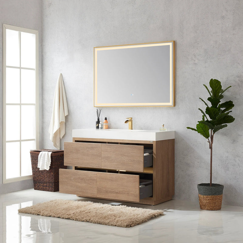 Evos Boutiques 48 in oak sleek simple vanity drawer open
