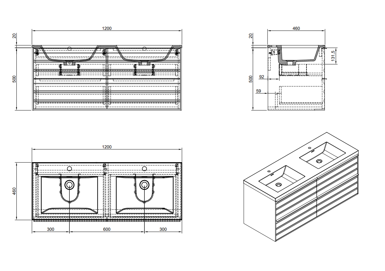 Evos Boutiques 48  in oak  wall  hung  vanity  47  in  ¼  x  18  in  x  26  in  diagram