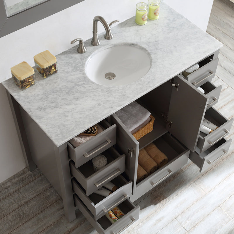 Evos Boutiques 48 in stone grey vanity drawer open