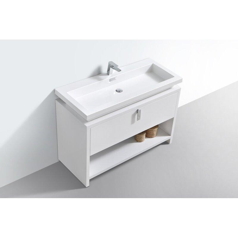 Evos Boutiques 48 in white finish bathroom vanity looking down 