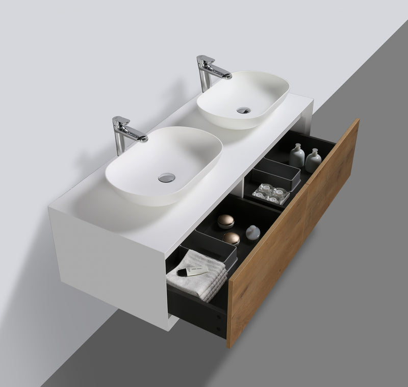 Evos Boutiques 54 in natural wood double sink vanity  looking down
