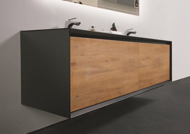 Evos Boutiques 60 in black and oak wood finish vanity close up