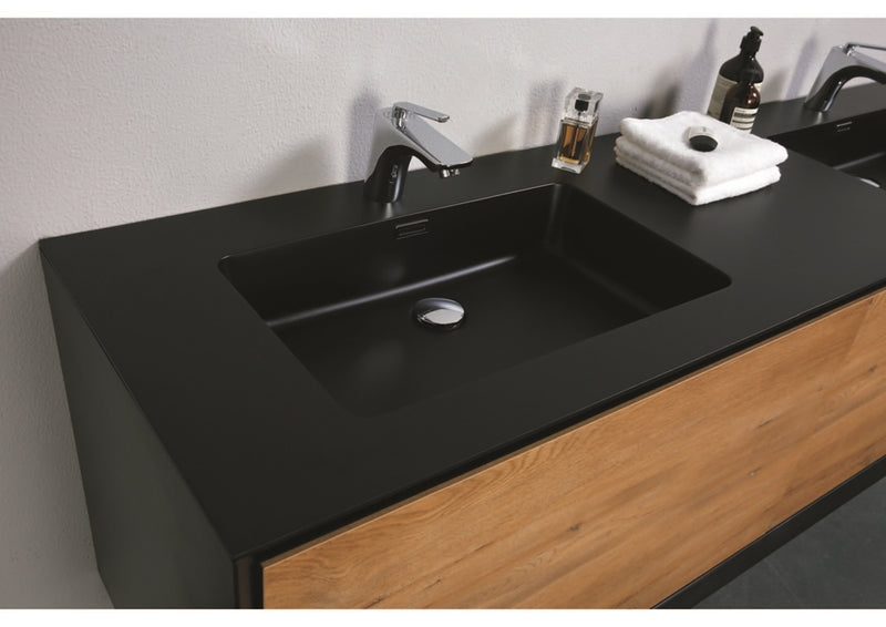 Evos Boutiques 60 in black and oak wood finish vanity looking down