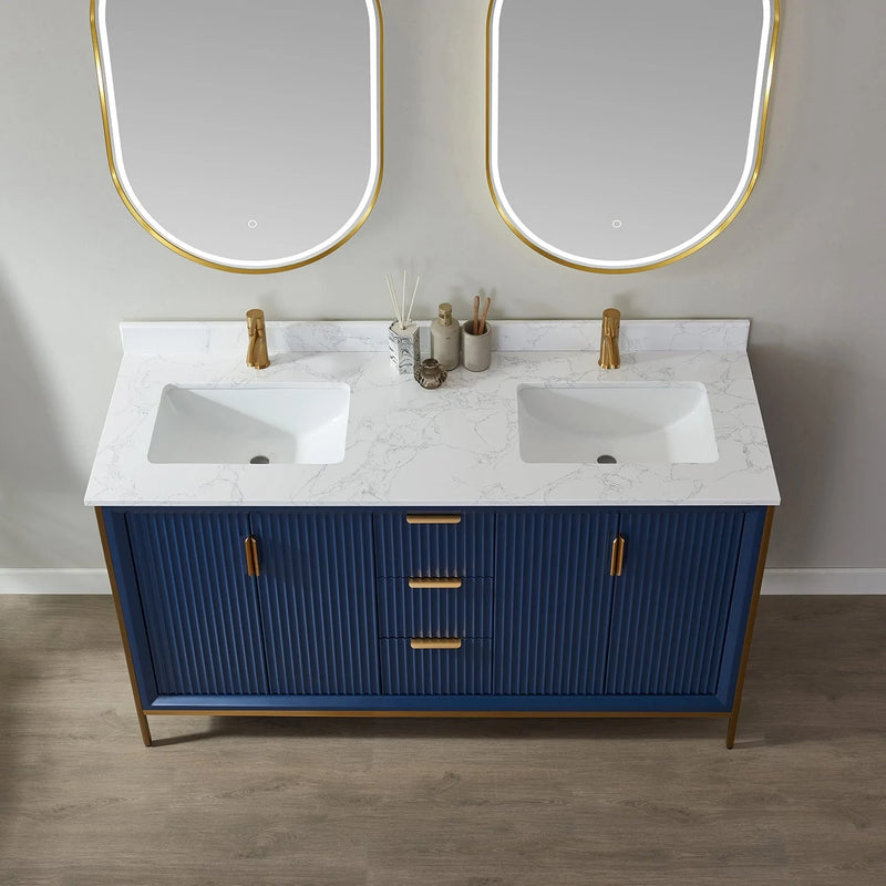 Evos Boutiques 60 in blue double sink bathroom vanity looking down