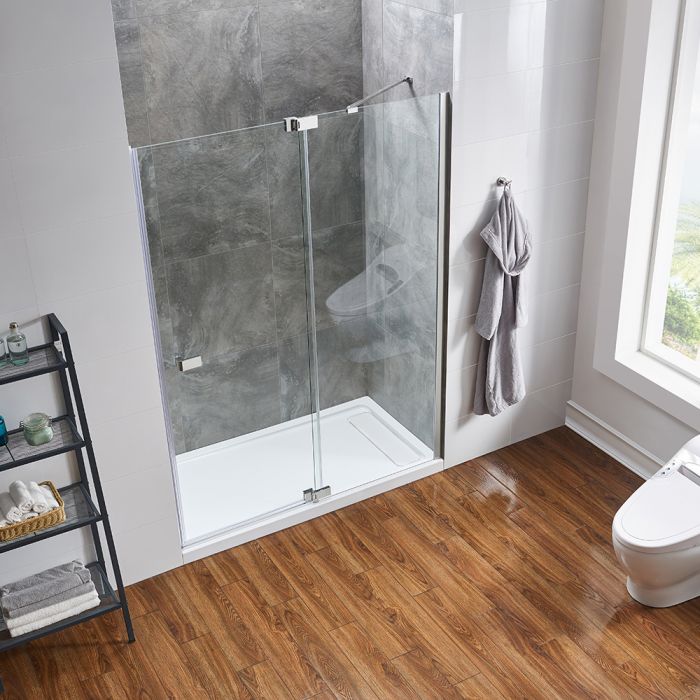 Evos Boutiques 60 in chrome pivot glass shower door looking down