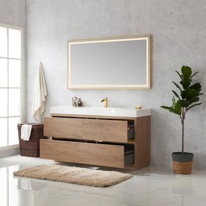 Evos Boutiques 60 in double oak sleek simple vanity drawer open