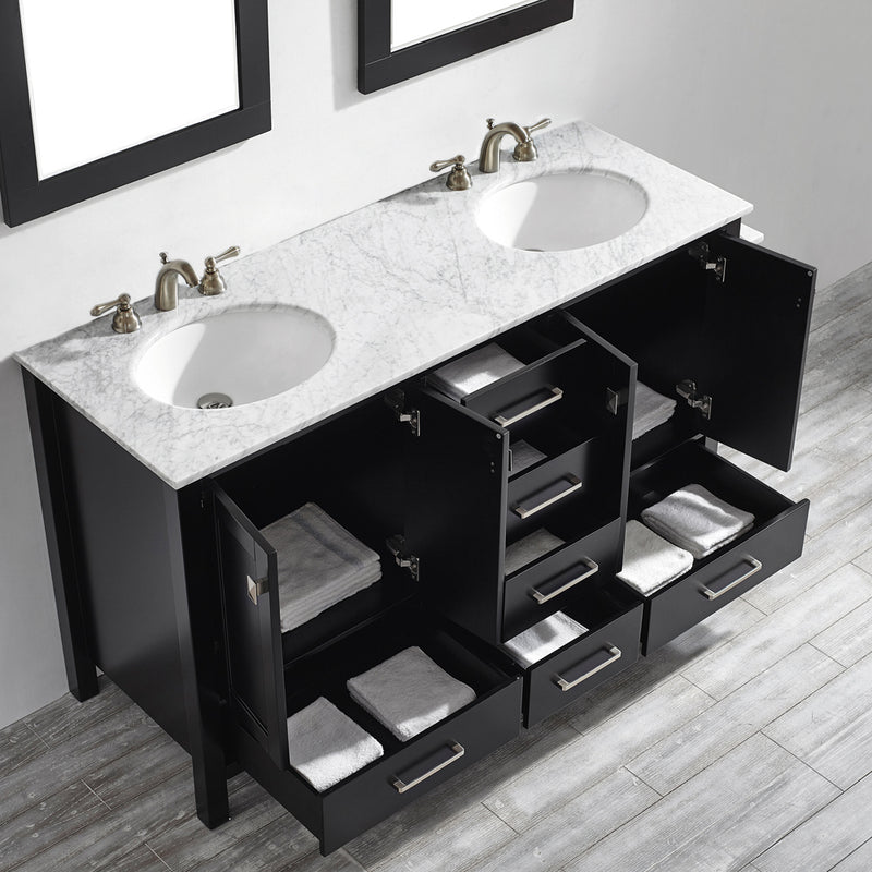 Evos Boutiques 60 in double sink deep black vanity looking down 