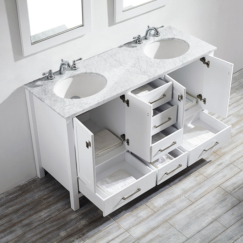Evos Boutiques 60 in double sink pure white vanity drawers open