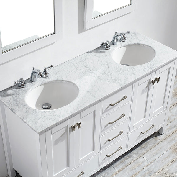 Evos Boutiques 60 in double sink pure white vanity looking down 