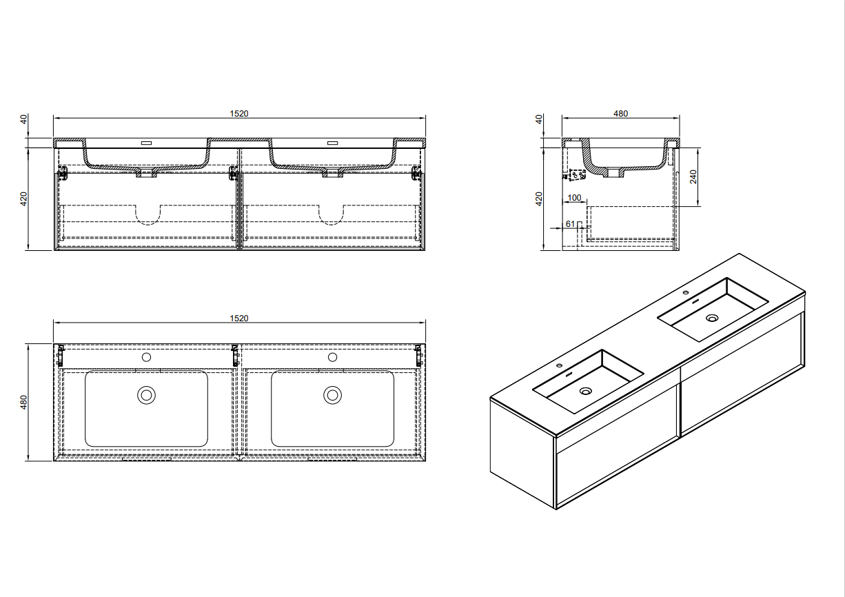 Evos Boutiques 60 in modern grey double sink vanity diagram