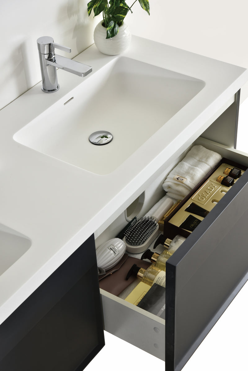 Evos Boutiques 60 in modern grey double sink vanity looking down doors open