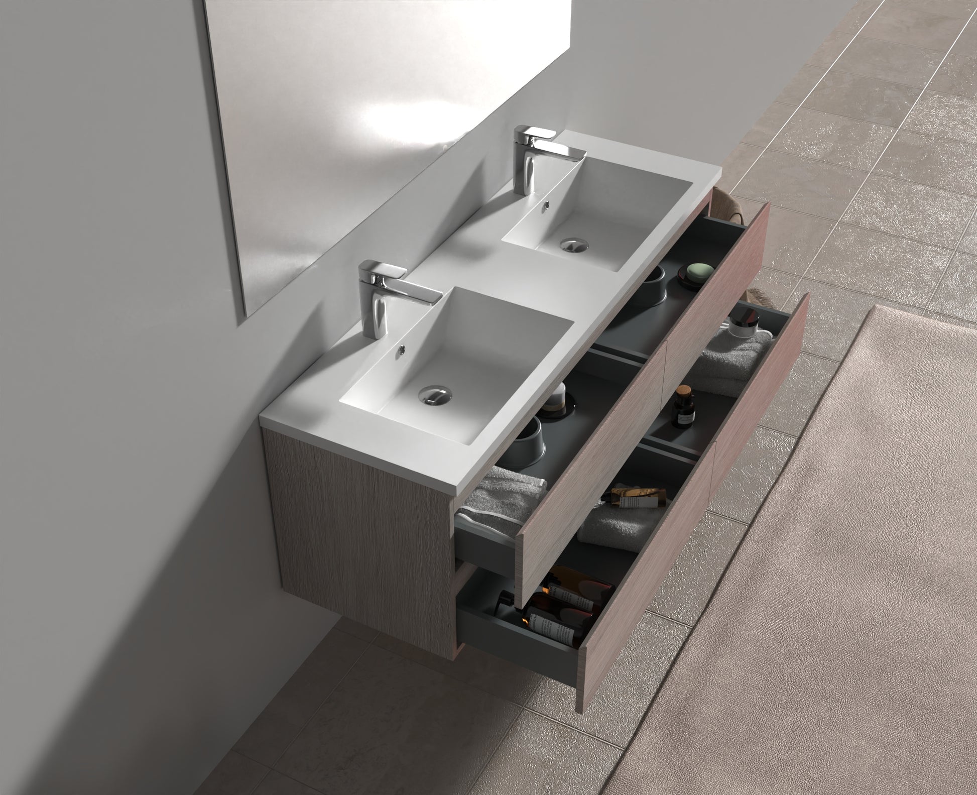 Evos Boutiques 60 in oak colour vanity drawers open
